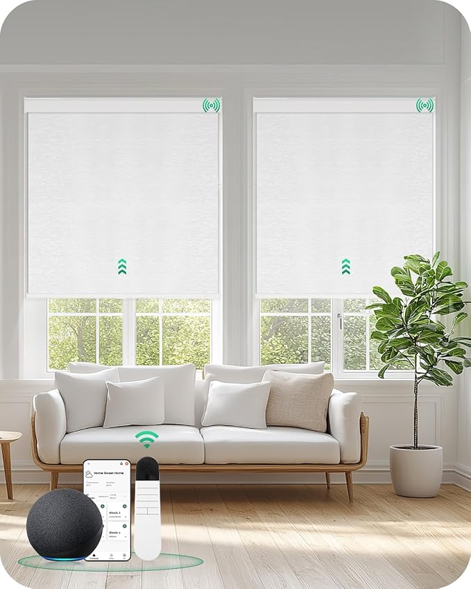 Allesin Motorized Roller Blinds – Rechargeable Smart Shades with Remote & Quiet Motor, Top/Bottom Aluminum Rails, Alexa-Compatible for Window (22" W x 72" H, 100% Blackout Cloud-Patterned)