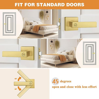 Probrico Heavy Duty Flat Gold Door Handles Square Privacy Interior Door Levers Bedroom and Bathroom Door Handles Keyless Bed/Bath Lockset (4 Pack)