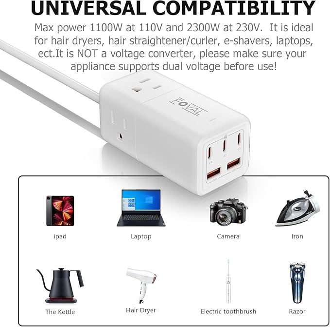 European Travel Plug Adapter, FOVAL US to UK Europe Power Strip 75W USB C Charger with 5 USB Ports, 3 AC Outlets, 5ft Extension Cord, for Spain, France, Ireland, Travel Home Cruise Ship