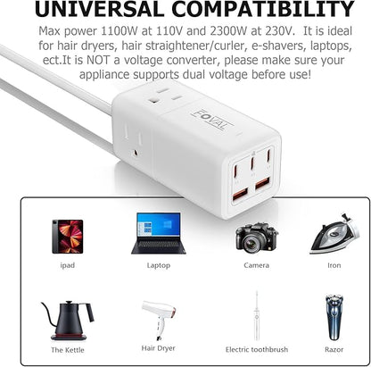 European Travel Plug Adapter, FOVAL US to UK Europe Power Strip 75W USB C Charger with 5 USB Ports, 3 AC Outlets, 5ft Extension Cord, for Spain, France, Ireland, Travel Home Cruise Ship