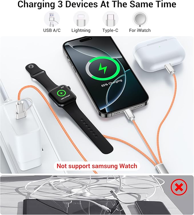 Temdan for Travel Vacation Essentials,3 in 2 USB C Cable for Apple Watch Charger/iPhone 17 Charger/Lightning,Multi Charging Cable Cord,Camping Essentials,Designed for iWatch &iPhone 16-12-4FT Orange