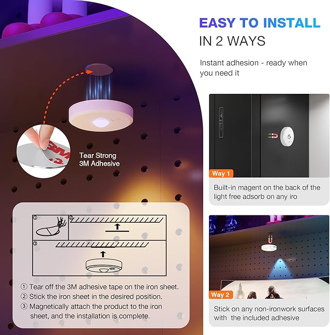 RGB Puck Lights with Remote Control, 2000mAh Battery Operated Tap Lights Rechargeable, 9 Colors & 2 Dynamic Changing Under Cabinet Lighting, Magnetic Stick on Light for Closet(White, 3 Pack)