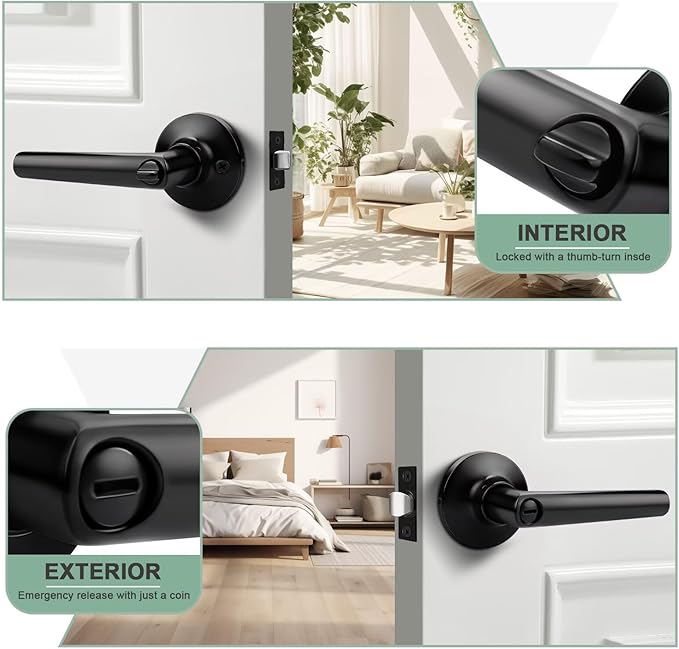 GOBEKOR 4 Pack Matte Black Door Handles Privacy Door Levers with Lock,Heavy Duty Interior Door Handles for Bedroom and Bathroom,Sleek Round Door Lever with No Key