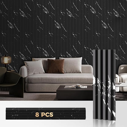 OUZUGIE WPC Acoustic Slat Wall Paneling, 8-Pack 114 x 6 Inches 3D Wall Panels for Interior Wall Decor,Living Room,TV Background,Study Room,Office Spaces,Bedroom,High Grille (Black Marble-1)