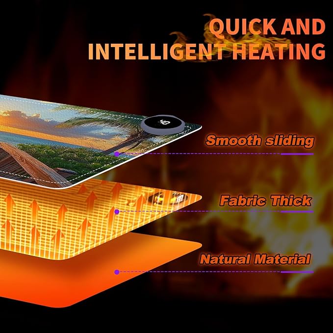 Heated Mouse Pad 23.6 x 14 in 3-Temp Fast Heating Desk Mat with Auto Timer Warmer for Hands Wrist Pain Relief Waterproof Keyboard Mat for Office, Gaming, Home, Sunset Beach Pathway