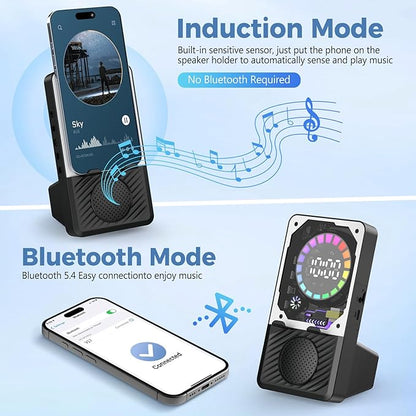 Wireless Induction Speaker, 5 in 1 Bluetooth Speaker with Cell Phone Stand, Phone Holder with Rechargeable Colorful Light and Alarm Clock for iPhone/Android/iPad, for Men Women（Black）