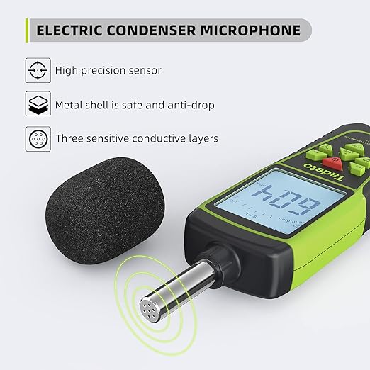Decibel Meter, Tadeto Digital Sound Level Meter Portable SPL Meter 30dB to 130dB(5 Measurement Range) Backlight LCD Display, MAX/MIN Noise Measurement, Audible and Visual Alarms,Data Hold, A/C Mode