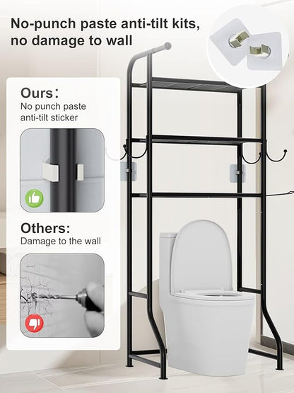 3-Tier Over The Toilet Storage Shelf，Bathroom Organizers and Storage Over Toilet，Metal Bathroom Space Saver with 2 Bars，1 Paper Holder and 4 Hooks,Black