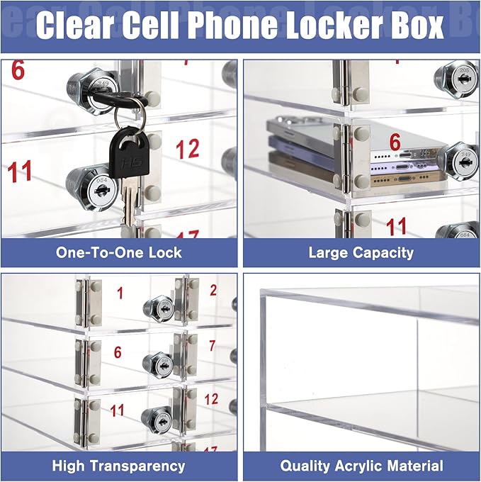 Layhit 20 Slots Cell Phone Locker Box for Classroom Clear Acrylic Cell Phone Storage Cabinet Bin with Door Locks for Classroom School Students Office Factory Employees