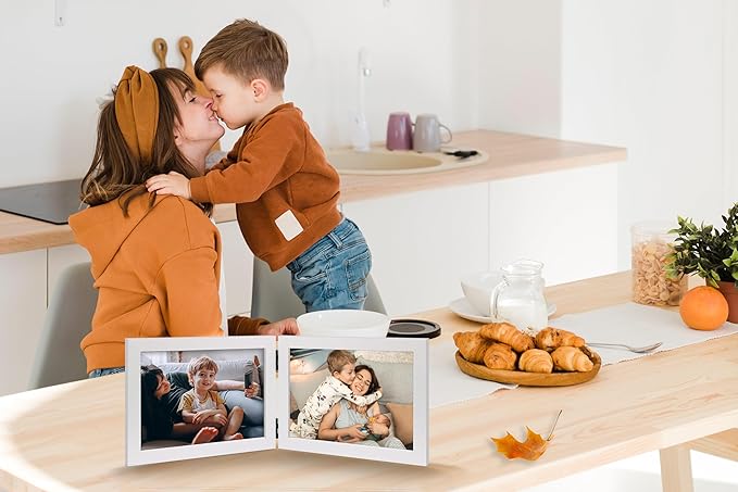 Double 5x7 Horizontal Combo, White Wood Picture Frame, 4.5x6.5 Opening Foldable Landscape View Photo Frame on Table-top or Wall