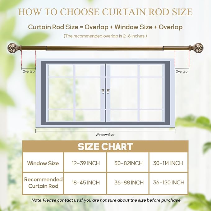 Boho Wooden Curtain Rods for Windows 28 to 48 Inches(2.3-4 ft), Adjustable-Heavy Duty 1" Diameter Drapery Rod with Imitation Wood-Grain Leaf-Pattern Finials - for Living Room & Bedroom，18-45''
