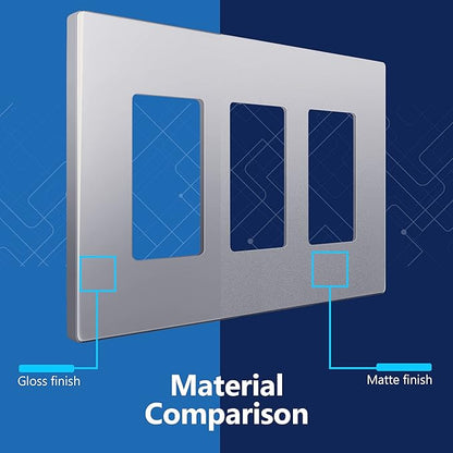 LIDER Matte Finish Decorator Switch Cover, Screwless Wall Plate, Mid-Size 3-Gang 4.88" x 6.77", Unbreakable Polycarbonate Thermoplastic, UL Listed, LSWP-33M-SV, Silver