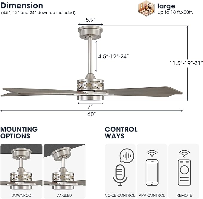 WINGBO 60" Smart Ceiling Fan with Lights and 3 Downrods, 5 Plywood Blades, 6 Speeds Reversible DC Motor, Works with Alexa and Google Assistant, 3CCT Dimmable LED Large Ceiling Fans, Nickel and Grey