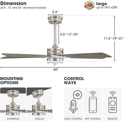 WINGBO 60" Smart Ceiling Fan with Lights and 3 Downrods, 5 Plywood Blades, 6 Speeds Reversible DC Motor, Works with Alexa and Google Assistant, 3CCT Dimmable LED Large Ceiling Fans, Nickel and Grey