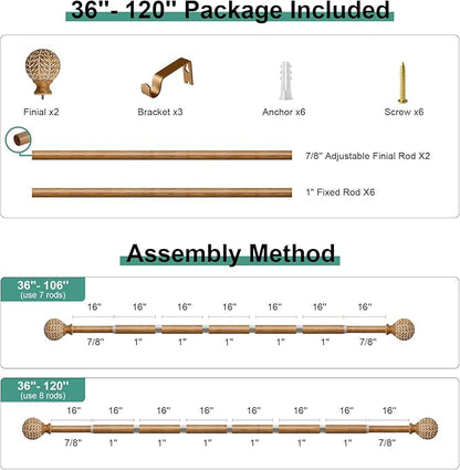 Imitation Wood Grain Ball Curtain Rods for Windows 66 to 120 Inch,1 Inch Heavy Duty Adjustable Wood Curtain Rod,Boho Decorative Drapery Rods Set with Brackets,Size:36''-120''
