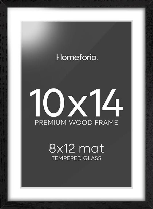 Homeforia 10x14 Picture Frame Black Wood, High End Oak 10x14 Poster Frames with Mat 8x12, 10 x 14 Wooden Frame Matted to 8 x 12 inch Photo, 14x10 Thin Hanging Frame, Tempered Glass, Wall Kit, Set of 1