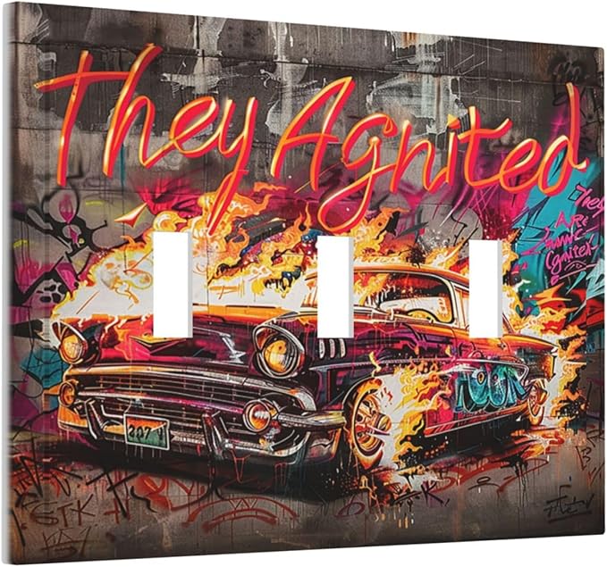 Decorative Switch Plates Hip Hop Street Graffiti Flame Car 3 Gang Wall Plate Triple Toggle Light Switch Cover Faceplate Electrical Wall Panels for Bedroom living Room Decor
