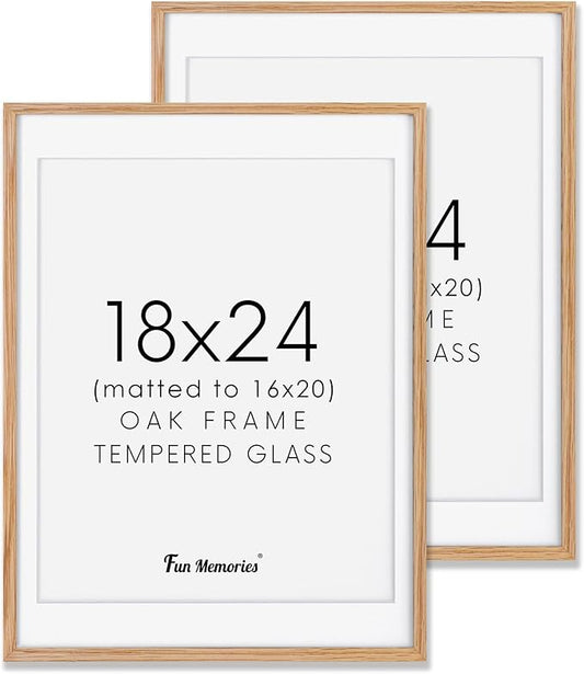 Fun Memories 18x24 Picture Frames, Oak Wood 18 x 24 Poster Frames Set of 2, 18x24 Frame Matted to 16x20, Rustic Wooden 18 x 24 Frame with Tempered Glass, Minimalist 18"x24" Art Frames, Oak Color