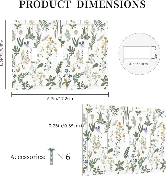 Decorative Switch Plates Floral Green Leaf Plant Flowes 3 Gang Wall Plate Triple Toggle Light Switch Cover Faceplate Electrical Wall Panels For Bed Room Farmhouse Decor