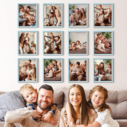 Renditions Gallery Set of 12, 8X10 Custom Photo Prints with Real Wood Picture Frames. Create Personalized Photos with Peel & Stick Photo Frames. Blue Frame