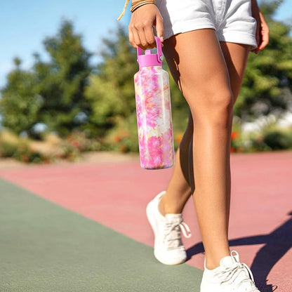24 oz Double Walled Water Bottle for Women: Leakproof, Cup Holder Friendly, Standard Mouth, Top Handle, Insulated Stainless Steel Flask for Student, Teacher, Nurse, Commuter, Bag, Home (Cloudy Rose)