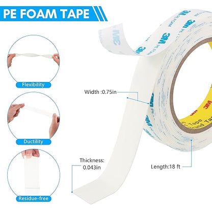3M 1600T Double Sided Tape, PE Foam Tape 0.75" x 18 Ft White Removable Strong Adhesive No Residue for RV Picture Hanging, Posters Frames Wall Decor Indoor & Outdoor Use