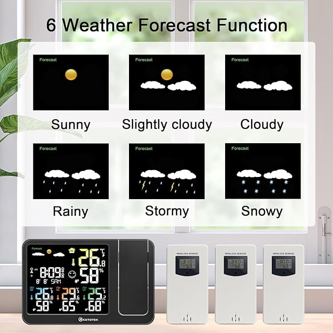 KETOTEK Digital Projection Alarm Clock for Bedroom Ceiling Wall VA LCD Display Radio Controlled Weather Station Indoor Outdoor Temperature Humidity Monitor with 3 Remote Sensors
