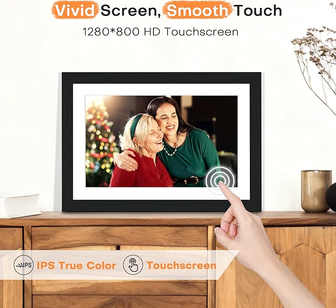 Digital Picture Frame, Frameo Digital Photo Frame WiFi, 10.1 Inch Electric Frame 1280 * 800IPS Touch Screen, 32GB Memory, Auto-Rotate, Share Videos Pictures, Gifts for Women, for Mom, Black Wooden