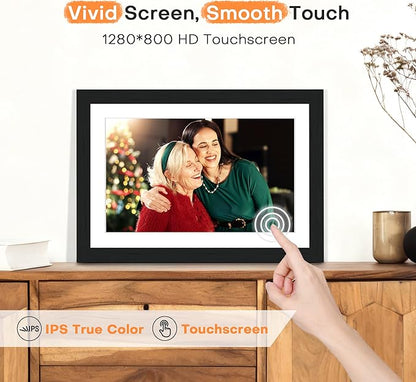 Digital Picture Frame, Frameo Digital Photo Frame WiFi, 10.1 Inch Electric Frame 1280 * 800IPS Touch Screen, 32GB Memory, Auto-Rotate, Share Videos Pictures, Gifts for Women, for Mom, Black Wooden