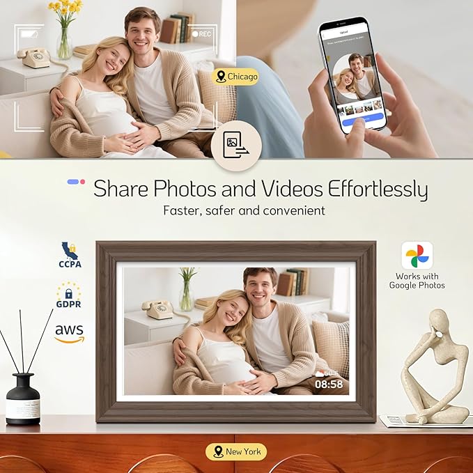 NexFoto Touchscreen Digital Picture Frame 15.6'', FHD WiFi Digital Photo Frame, Wood Electronic Frame 64GB, Add Pics from Google Photos, Share Photos/Videos, for Mom Christmas/Birthday, Walnut