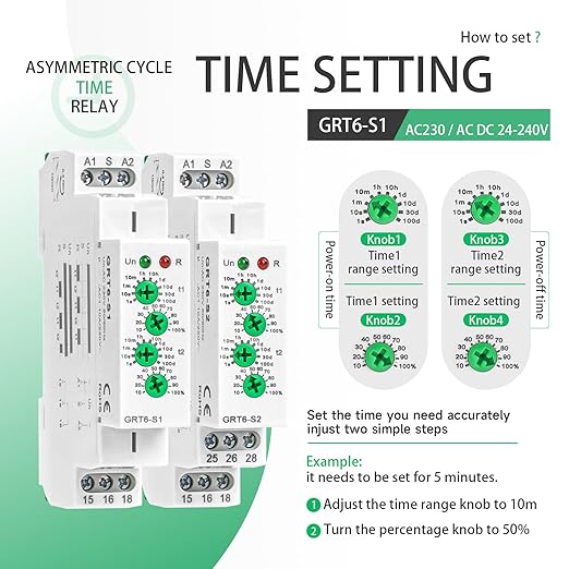 Asymmetric Cycle Timer Relay 1SPDT AC 24V 240V 10A Long or Short Period Repeat Cycle Tntermittent Timer Electronic Relay in Din Rail (GRT6-S1 AC DC 24-240V)