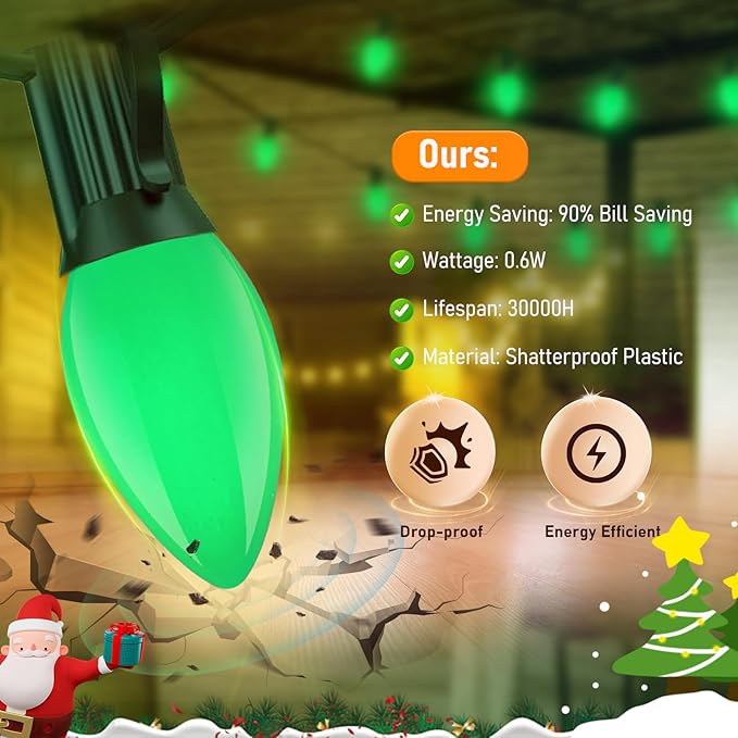 C7 Green LED Light Bulb,25 Pack 0.6w C7 Ceramic Replacement Christmas Lights with E12 Base,Green Outdoor Light Bulb for Chandelier Window Candle Christmas String Lights