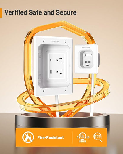 Perlegear TV in-Wall Cable Management Kit, USB and Typ C Ports Cord Hider for Wall Mount TV with Recessed Power, Includes Drill Templates, Dust Bags, Drywall Saw, Extension Cable