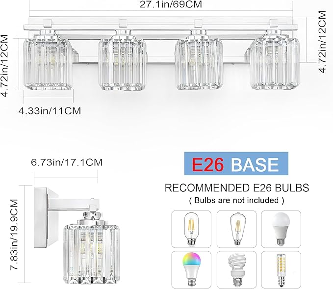 Crystal Bathroom Light Fixtures, 4 Light Chrome Vanity Lighting Over Mirror with Crystal Shades, Modern Bathroom Vanity Light for Restroom, Bath, Cabinet and Powder Room