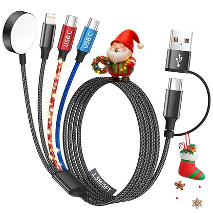 Dual Type-C Port 4 in 2 USB C Cable for Apple iWatch Charger/iPhone 17, Travel Charger Multi Charging Cable Cord for iWatch Ultra/SE/10-1, iPhone16-8, iPad, Android, Car, Cruise Essentials - 1Pc 5FT