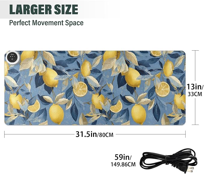 Heated Desk Pad Mouse Pad 31.5x13 Inch PU Leather Desk Mat with 3 Heat Levels Large Mouse Gaming Computer Laptop Mat Blue Lemon Leaves