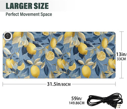 Heated Desk Pad Mouse Pad 31.5x13 Inch PU Leather Desk Mat with 3 Heat Levels Large Mouse Gaming Computer Laptop Mat Blue Lemon Leaves