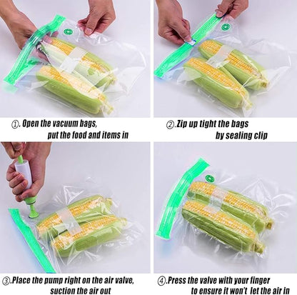 Sous Vide Bags 20pack Reusable Vacuum Food Storage Bags with 3 Sizes Vacuum Food Bags,1 Hand Pump,4 Sealing Clips for Food Storage and Sous Vide Cooking (Green Kit)