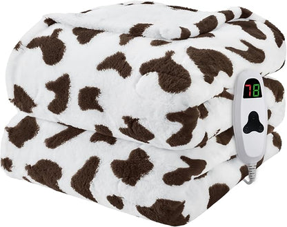 Cow Print Heated Electric Blanket Twin,62X84 Brown Heating Blanket with 10 Heats Levels & 8 Hours Auto Off,Cute Cow Decor Fleece Sherpa Blankets Warmer Gifts for Women Couch Office,Washable