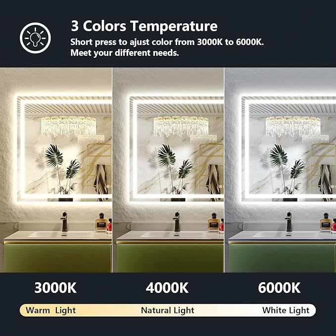 80x40 Inch LED Bathroom Mirror with Lights Front and Backlit Lighted Vanity Mirror for Bathroom Wall with 3 Colors Dimmable Anti-Fog Memory Shatter-Proof IP54 Waterproof Horizontal/Vertical