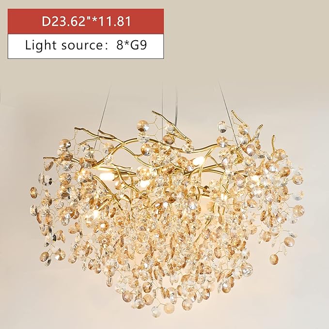 Crystal Gold Chandelier Modern Round Ceiling Pendant Light Fixture Tree Branch Chandeliers for Living Room Dining Room Kitchen Bedroom Hotel