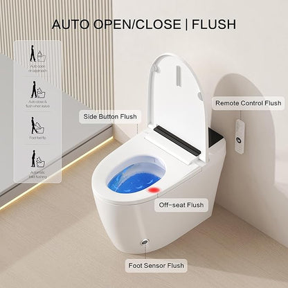 Smart Toilet with Bidet Built-In and Tank – Foam Shield, Heated Seat, Dual Flush, Warm Water & Dryer, Mutiple Clean Modes, Foot Sensor, Night Light, and Wireless Remote Control