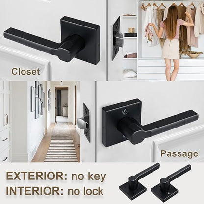Passage Door Lever (No Lock), Heavy Duty Interior Square Handle for Hallway and Closet, Matte Black, Reversible for Right&Left Handed, 9Packs