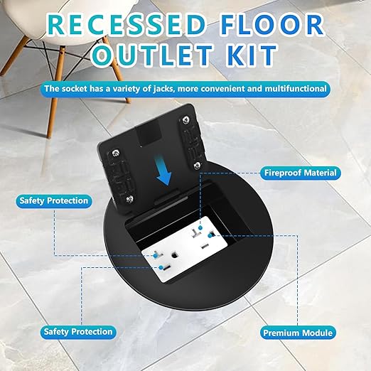 KYHSHJ Recessed Circular Floor Socket Kit with 20 Amp Stainless Steel TR Receptacle Outlet Stainless,Corrosive Resistant Hardware，Black