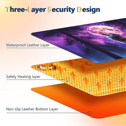 Heated Mouse Pad with 3 Temperature Settings(104°F–122°F),Large 31.5x13 Inch PU Leather Heated Desk Mat,Waterproof Warming Pad for Office,Gaming & Cold Hands Relief,Moon Wolf Howling