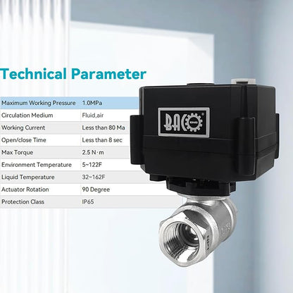 BACOENG Motorized Ball Valve, 2 Wire Auto Return 1/2" Stainless Steel Electrical Ball Valve with Full Port, AC/DC9-24V Manually Closable (Normally Closed), Black