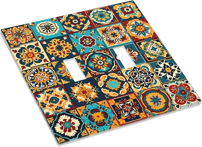 Mexican Talavera Ceramic Tile Moroccan Boho Decorative Switch Plates 2 Gang Double Toggle Outlet Light Switch Cover Wall Plate Electrical Faceplate for Bathroom Kitchen Decor