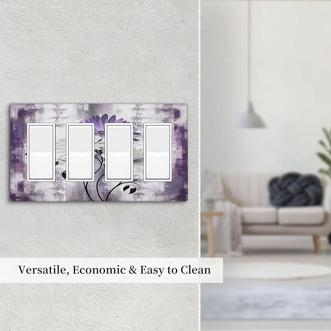 Purple Daisy White Floral Butterfly Flowers 4 Gang Wall Plates Outlet Covers Quad Rocker Light Switch Cover Plate Decorative Switch Plates GFCI Electrical Faceplate for Bathroom Bedroom 4.5 X 8 IN