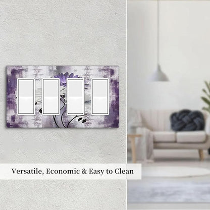 Purple Daisy White Floral Butterfly Flowers 4 Gang Wall Plates Outlet Covers Quad Rocker Light Switch Cover Plate Decorative Switch Plates GFCI Electrical Faceplate for Bathroom Bedroom 4.5 X 8 IN