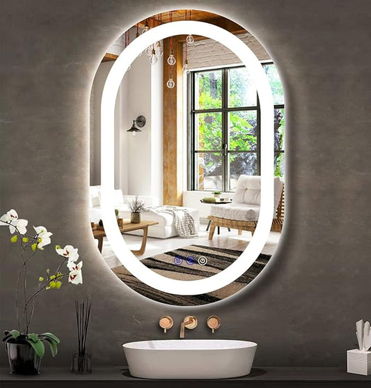 24 x 16 Inch Oval LED Bathroom Mirror with Front Lights Smart Memory 3 Color Adjustable Brightness Anti-Fog 24 Inch Oval Lighted Vanity Mirror for Bathroom Wall Horizontal Vertical Mounted